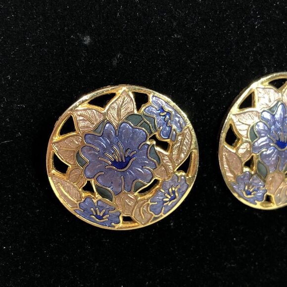 Retro Enamel Purple Earrings Gold Flower Circle Pierced Cutouts, Fish and Crown - Picture 2 of 8